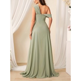 Elegant Mint Green One-Shoulder Chiffon Maxi Dress for Women - Sleeveless, Flowing Design with Ruched Detail, Perfect for Weddings, Parties, and Formal Events, Formal Event Attire|Ruched Detail Dress|Polyester Fabric