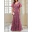 Elegant Pink Sequin Gown for Women - V-Neck, Short Sleeves, Flowing Skirt, Perfect for Parties and Formal Events, Formal Evening Wear | Vneck Gown | Sequin Embellishments, Dress