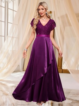 Elegant Purple Sequin Lace-Trimmed V-Neck Gown with Ruffle Sleeves and Flowing Skirt - Perfect for Formal Events, Formal Event Attire|Sequin Embellished Dress|Lace Trim Detail, Elegant Party Dress For Women, Elegant Dress For Women, Elegant Woman'S Dress
