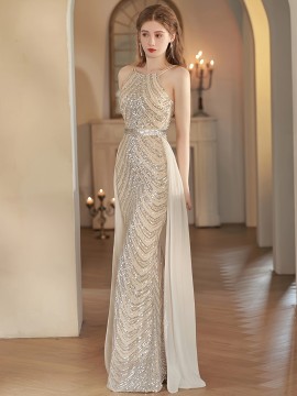 Women's Elegant Champagne Evening Gown - Formal Party Wedding Dress with Sequin Skirt, Mermaid-like Fishtail Train, for Prom, Galas, Hosting Events - Luxury Glamour Dress