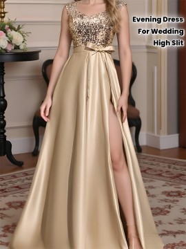 A formal evening gown with champagne colored elegant party sequins spliced high slit to the thigh back, a fashionable French wedding dress, suitable for party dinners/music performances/speech occasions, long dresses