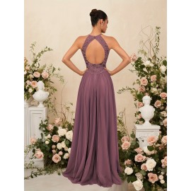 Elegant Blue Lace-Trimmed Maxi Dress with High Slit - Sleeveless, Flowing Design for Weddings, Proms & Formal Events, Perfect for Showcasing Fashionable Style, Formal Event Attire|Sleek Fitted Top|Lace Trim Detail