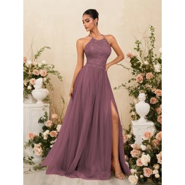 Elegant Blue Lace-Trimmed Maxi Dress with High Slit - Sleeveless, Flowing Design for Weddings, Proms & Formal Events, Perfect for Showcasing Fashionable Style, Formal Event Attire|Sleek Fitted Top|Lace Trim Detail