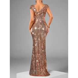 Women's Elegant Sequin Long Evening Gown - High-Waisted Mermaid Backless Formal Dress with Asymmetric One-Shoulder Neckline, Long Sleeve Sparkling Party Wedding Guest Gala Concert Dress, Mermaid Dress