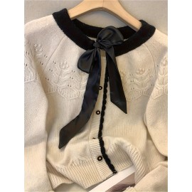 Elegant French-Style Color Block Long Sleeve Sweater with Bow Tie Detail, Round Neck, Button Front, Ribbed Cuffs - Perfect for Spring/Summer/Fall/Winter Outings and Valentine'S Day, Cute Sweaters