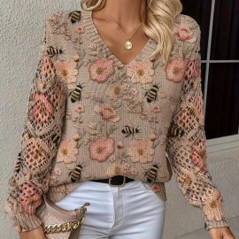 Elegant All-Season Bohemian Fashionable Versatile Pullover V Neck Long Sleeve Women's Top with Floral Pattern Flat Digital Print, Full-Piece Knitwear for Office Wear Street Style Home Outings