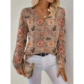 Elegant All-Season Bohemian Fashionable Versatile Pullover V Neck Long Sleeve Women's Top with Floral Pattern Flat Digital Print, Full-Piece Knitwear for Office Wear Street Style Home Outings