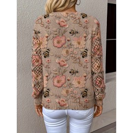 Elegant All-Season Bohemian Fashionable Versatile Pullover V Neck Long Sleeve Women's Top with Floral Pattern Flat Digital Print, Full-Piece Knitwear for Office Wear Street Style Home Outings