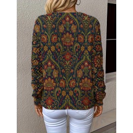 [Elegant Bohemian Sweater] Elegant Bohemian Women's V-Neck Long Sleeve Sweater | All-Season Floral Digital Print Pullover for Office, Streetwear & Home - Versatile Casual Chic Top