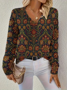 [Elegant Bohemian Sweater] Elegant Bohemian Women's V-Neck Long Sleeve Sweater | All-Season Floral Digital Print Pullover for Office, Streetwear & Home - Versatile Casual Chic Top