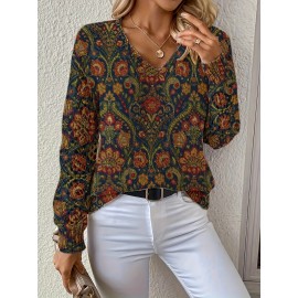 [Elegant Bohemian Sweater] Elegant Bohemian Women's V-Neck Long Sleeve Sweater | All-Season Floral Digital Print Pullover for Office, Streetwear & Home - Versatile Casual Chic Top