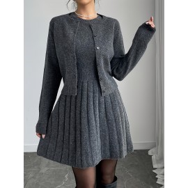 2pcs Elegant Set: Gray Button-Front Long-Sleeve Sweater and Round-Neck Pleated Sleeveless Dress