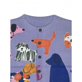 Women'S Playful Dog Print Cardigan - Young Style, 3D Printed, Polyester Knit with Button Front and Colorful Canine Design, All-Season Comfort