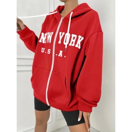 Women's Plus Size New York Graphic Hoodie - Casual Gray Zip-Up Sweatshirt with Kangaroo Pocket, Long Sleeves, and Ribbed Cuffs, Cute Hoodies