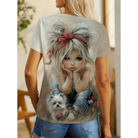 Plus Size Women's Round Neck Short Sleeve T-Shirt with Cute Little and White Dog Outdoor Pattern Print