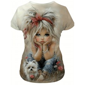 Plus Size Women's Round Neck Short Sleeve T-Shirt with Cute Little and White Dog Outdoor Pattern Print