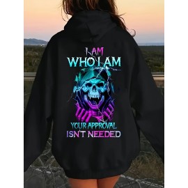 Plus Size Women'S Casual Hoodie with Bold Skull & Letter Print - Soft, Long Sleeve Pullover with Drawstring, Pockets, and 