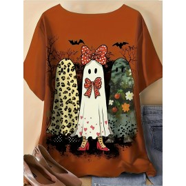 Plus Size - Plus Size - Women'S Plus Size Halloween T-Shirt - Cute Ghost & Pumpkin Print, Casual Crew Neck Short Sleeve Top, Medium Stretch, Non-Transparent, Machine Washable, Festive Summer Fashion, Halloween Apparel | Playful Print Top | Stretchy Fabric