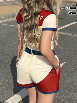 2pcs Campus Style s Set, Women'S Short Sleeve + Shorts, Red and Blue Contrast Number Print No. 33, Summer Casual Outfit