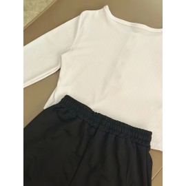 Casual Stretch Slim Fit Crew Neck Button Pullover T-Shirt + Elastic Waist Wide Leg Pants Long Set