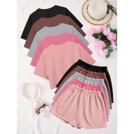 10pcs Women'S Spring Summer Casual Top and Pants Set Round Neck Short Sleeve T-Shirt + Comfortable Home Shorts -D10+K8-10pcs