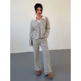 Women'S Spring/Autumn Two-Piece Set, Loose V-Neck and Drop Shoulder Long Sleeve T-Shirt with Elastic Striped Pants, Winter Pullover Outfit, Autumn and Winter Two-Piece Set