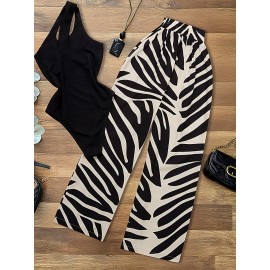 Women's 2pcs Sleeveless Off-Shoulder High-Waisted Set - Black & White Geometric Zebra Stripe Wide-Leg Pants & Top, Non-Stretch Summer Outfit for Beach, Casual Semi-Formal Wear, 2pcs Outfit Set (No Accessories Included)