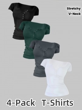 Women's Plus Size 4pcs T-Shirts - Stretchy Breathable V-Neck Button-Front Tops, Non-See-Through Fabric for Gym, Casual, Casual Attire - Black/, Machine Washable Summer Blouses, Workout Tops, Fitted Silhouette, Lightweight Material, Basic Tee, Women