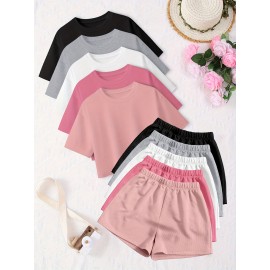 10pcs Women'S Spring Summer Casual Top and Pants Set Round Neck Short Sleeve T-Shirt + Comfortable Home Shorts -D10+K8-10pcs